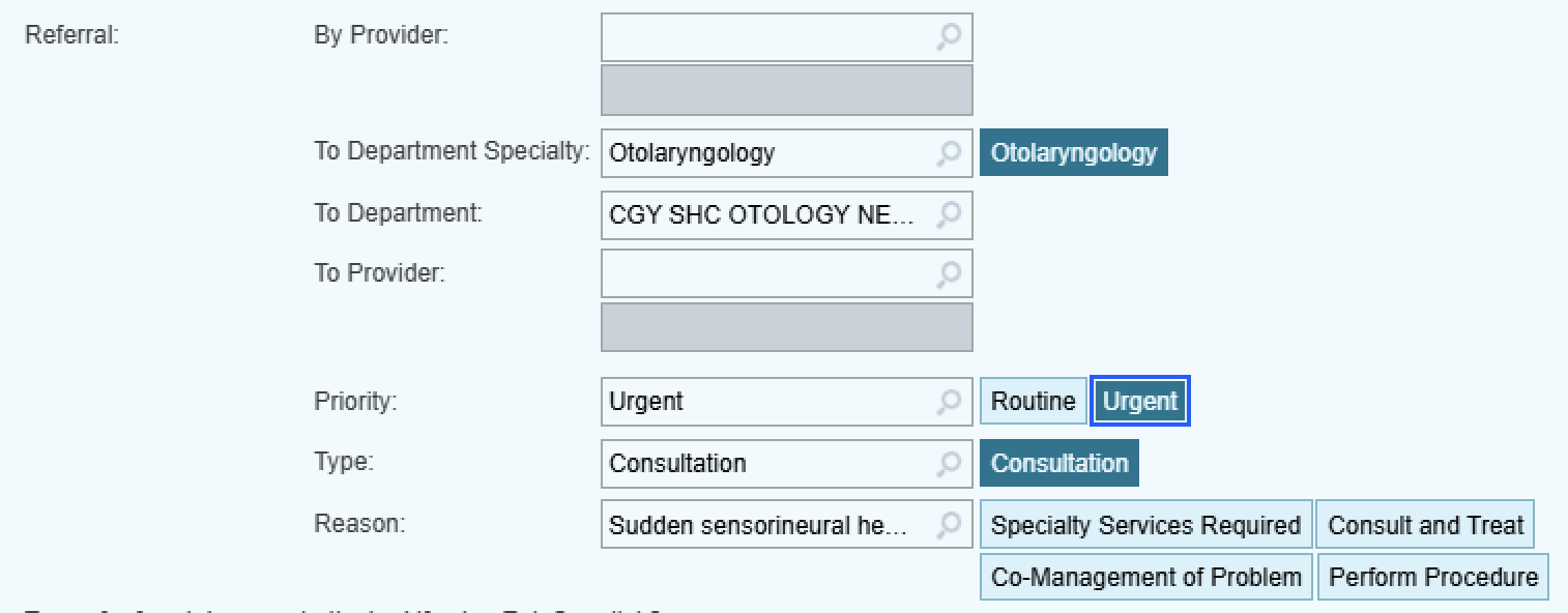 Connect Care referral details form with To Department, Priority and Reason highlighted.